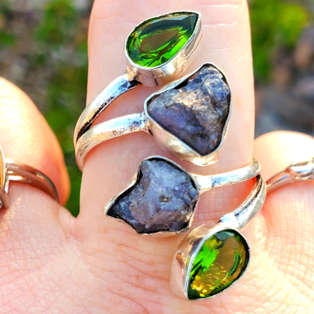 New Rough Iolite and Peridot Open Cuff 925 Silver Ring.